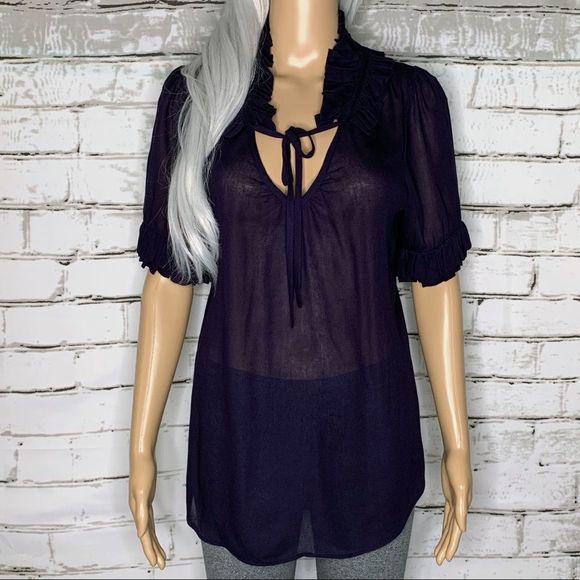 Anthro Odille Ruffle Neck Cuff Purple Tunic Top Size Small - Picture 2 of 11